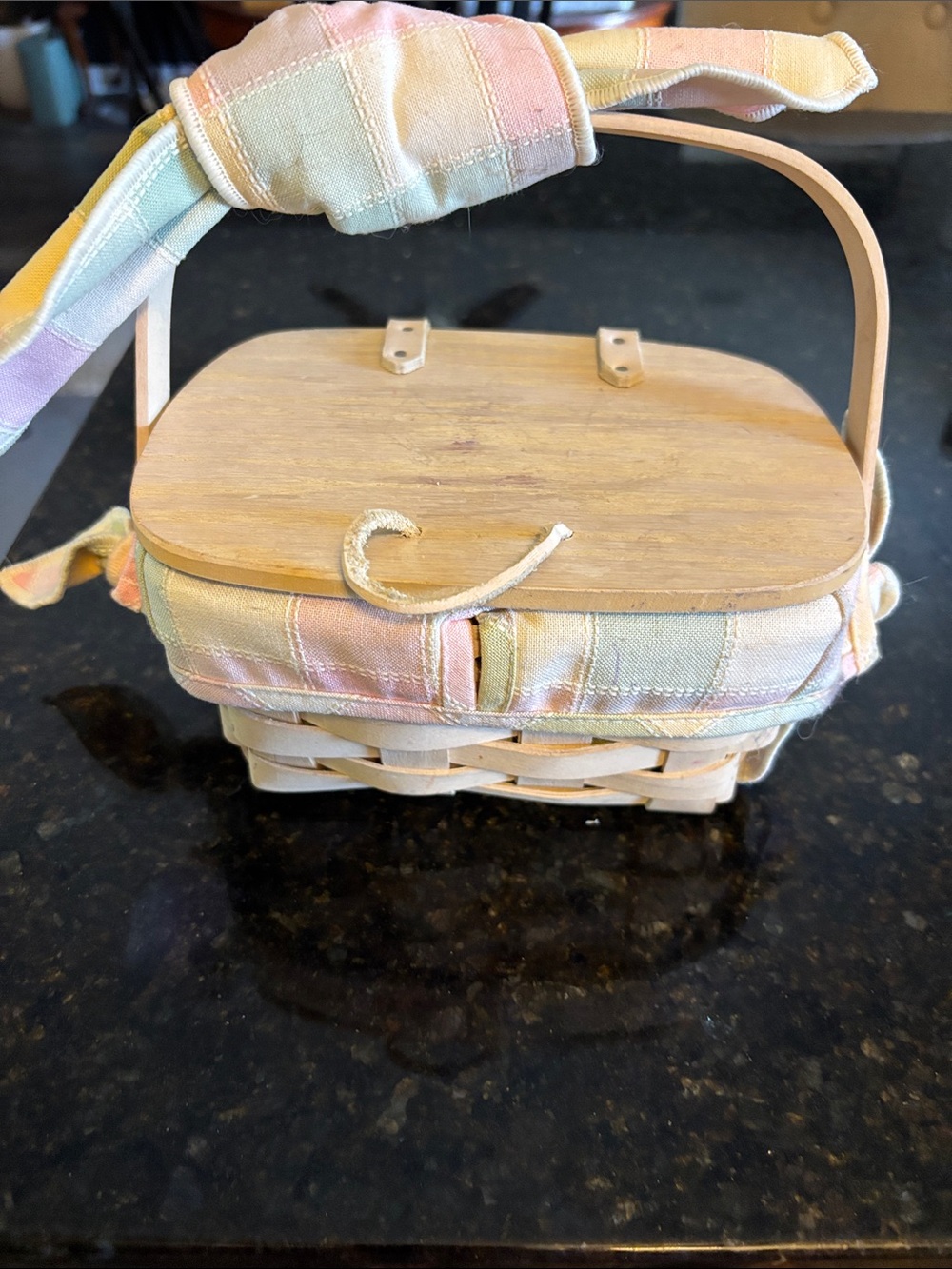 Longaberger Pastel Plaid Woven Basket Tote with Wood Lid
